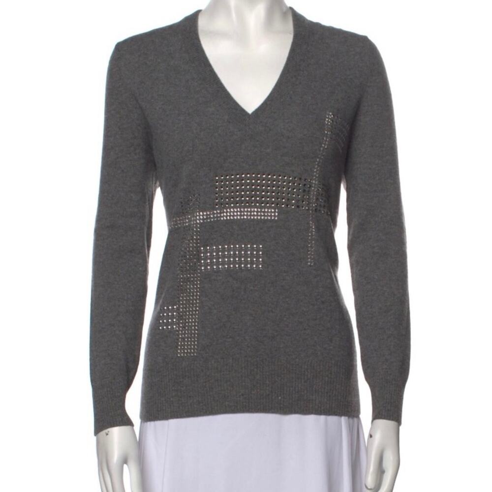 Christopher Kane Grey Wool Cashmere Hotfix V Neck Jumper Sweater  X Large